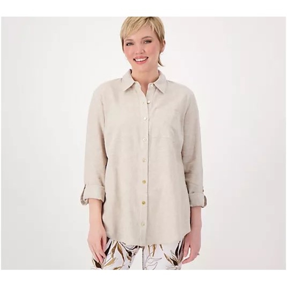 Susan Graver Linen Blend Button Down Shirt Long Sleeve Womens Casual Quiet Lux
